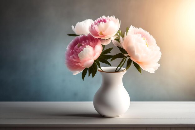 Sztuczne piwonie kwitną w białym ceramicznym wazonie na stole dekorującym ceglany mur jako tło