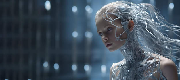 Sztucznie inteligentna humanoidalna cyberdziewczyna myśli o generatywnej sztucznej inteligencji