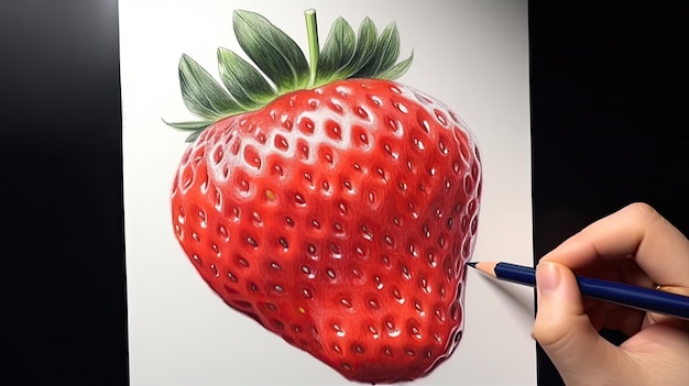 Sztuka 3D przedstawiająca obraz ręcznego rysowania realistycznej truskawki z ołówkiem Generative AI