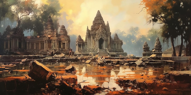 sztuka abstrakcyjna pustych starych ruin malarstwa ilustracyjnego świątyni tajskiej