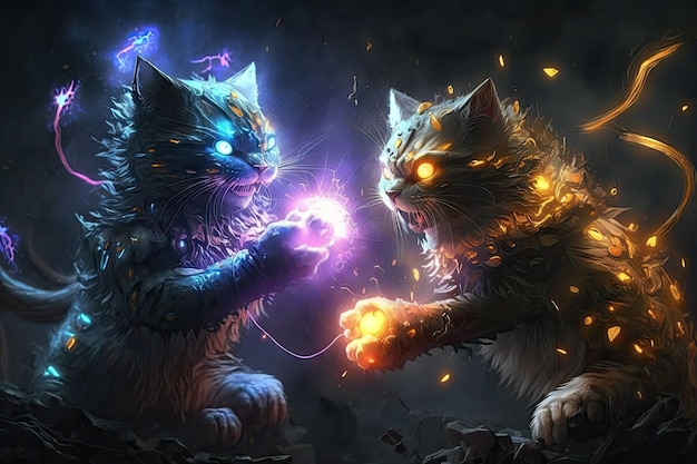 Sztuka abstrakcyjna w dwóch młodych kotach walczących z laserowym potężnym kolorowaniem reflektorów