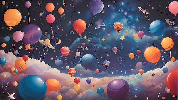 Zdjęcie sztuka abstrakcyjna z kolorowymi balonami wśród kolorowych chmur w kosmosie