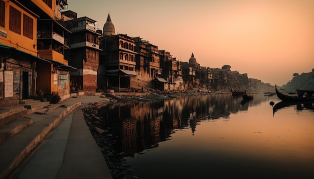 Sztuka cyfrowa pięknej rzeki Ganges Indie jezioro o świcie zachód słońca piękny krajobraz tła