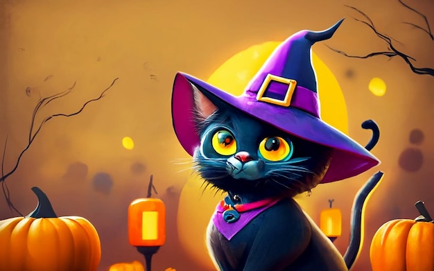 sztuka dla dzieci halloween uroczy czarny kot noszący