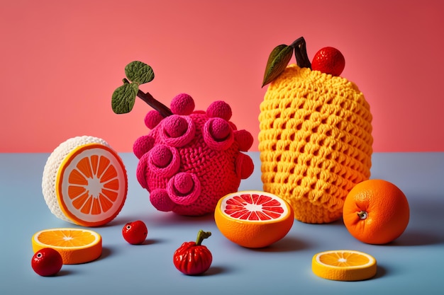 Zdjęcie sztuka dziania w postaci świeżych owoców rzemiosła słodkie owoce jasne kolory