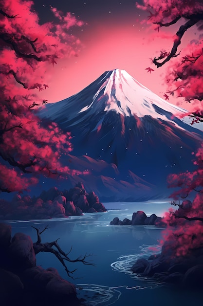 sztuka gór fuji w japonii sakura różowe liście w przyrodzie generowane ai