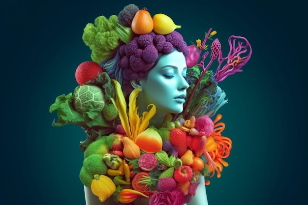 Zdjęcie sztuka medyczna dziewczyny o kształcie ciała z warzywami z generatywną sztuczną inteligencją