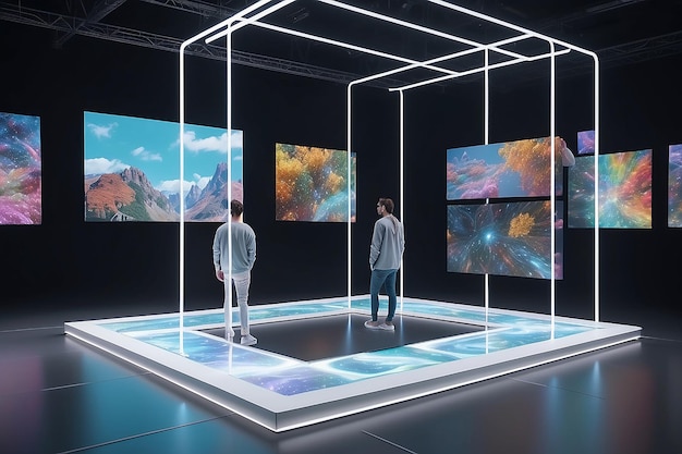 Zdjęcie sztuka na holograficznych pływających ekranach z interaktywnymi elementami i mockupem treści generowanych przez użytkownika z pustą białą pustą przestrzenią do umieszczania projektu