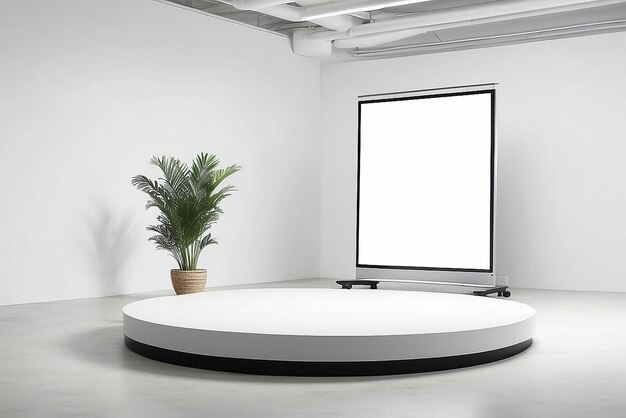 Sztuka na obrotowej platformie w makietce studia projektowania z pustą białą pustą przestrzenią do umieszczania projektu