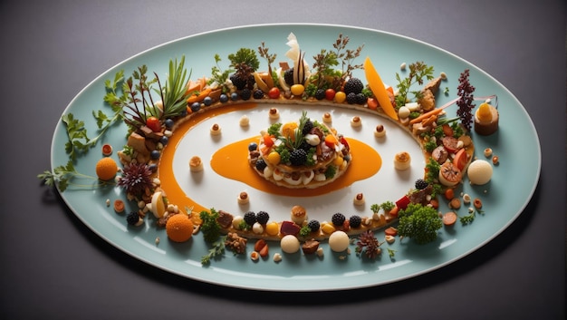 Zdjęcie sztuka na talerzu przeżyj esencję wysokiej kuchni w fascynującym widoku z góry w dół