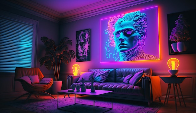 Sztuka przejściowa salon neon ilustracja projekt wnętrz AI Wygenerowany obraz
