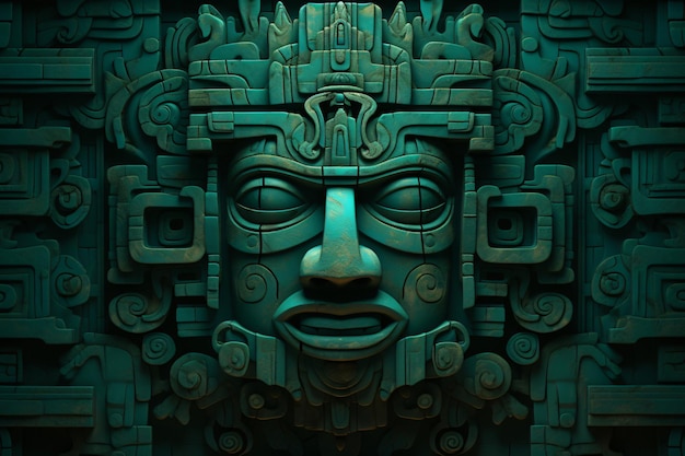 sztuka ścienna Majów z różnymi rzeźbami postaci kultowych w stylu konceptualnej sztuki cyfrowej