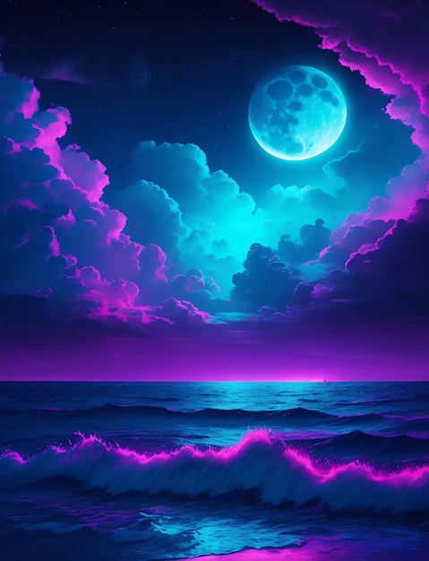 sztuka światła neonowego w ciemności nocy oświetlone księżycem morza chmury księżycowe gwiazdy kolorowe