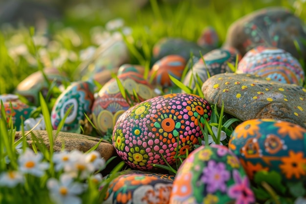 Sztuka Wielkanocna Kolekcja wyjątkowo zaprojektowanych, ręcznie malowanych skał wśród świeżości