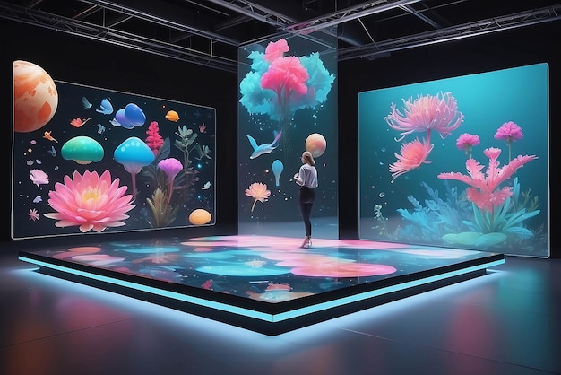 Sztuka z rozszerzoną rzeczywistością na holograficznych pływających ekranach z interaktywnymi elementami i makietą treści generowanej przez użytkowników