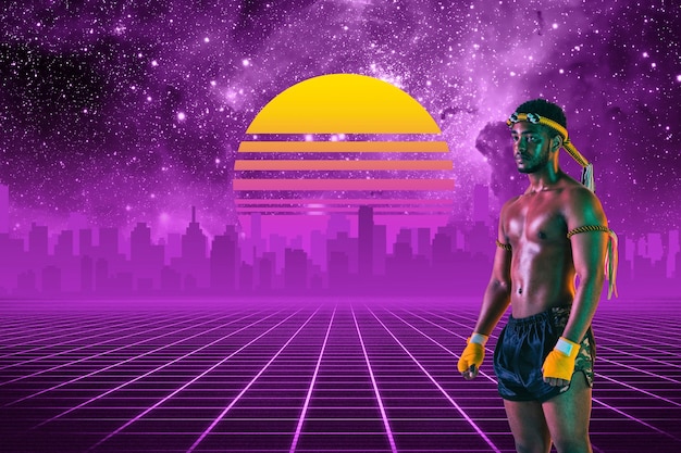 Zdjęcie sztuki walki. piękne tło, synth wave i retro wave, futurystyczna estetyka vaporwave. ultrafioletowy, sportowiec w świecącym neonowym stylu. stylowa ulotka reklamowa, oferta, jasne kolory i widok na miasto.