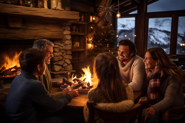 Szwajcarska chata w Alpach Przyjemne chwile rodzinne przy wiejskim kominku zimą