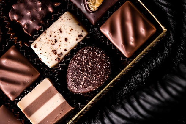 Szwajcarskie czekoladki w pudełku prezentowym różne luksusowe pralinki z gorzkiej i mlecznej czekolady ekologicznej w czekolad...