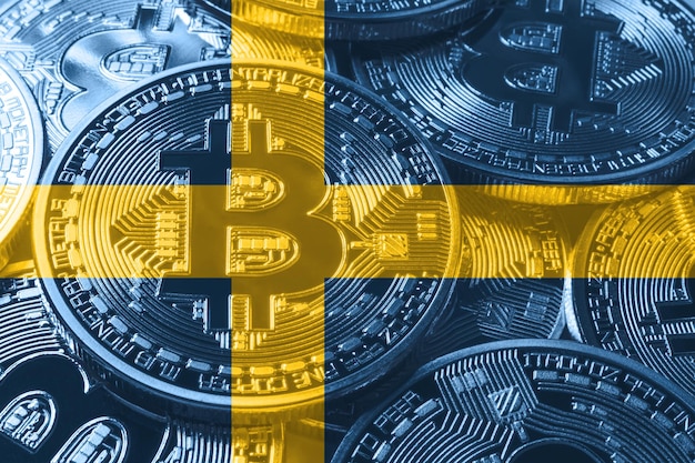 Szwecja bitcoin flaga, flaga narodowa koncepcja kryptowaluty czarne tło