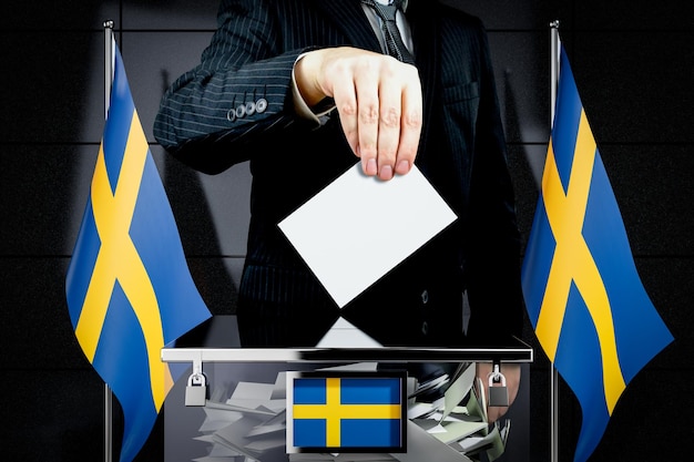 Szwecja flagi ręka upuszcza kartę do głosowania wybory koncepcja ilustracja 3D