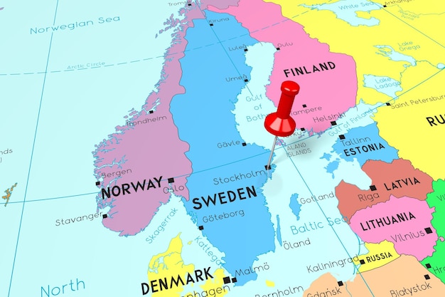 Zdjęcie szwecja stolica sztokholmu przypięta na mapie politycznej