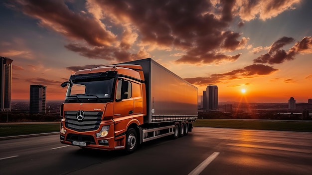 Szybka ciężarówka do dostaw na ruchliwej autostradzie w nowoczesnym mieście Pojazd transportowy towarowy do wydajnych dostaw