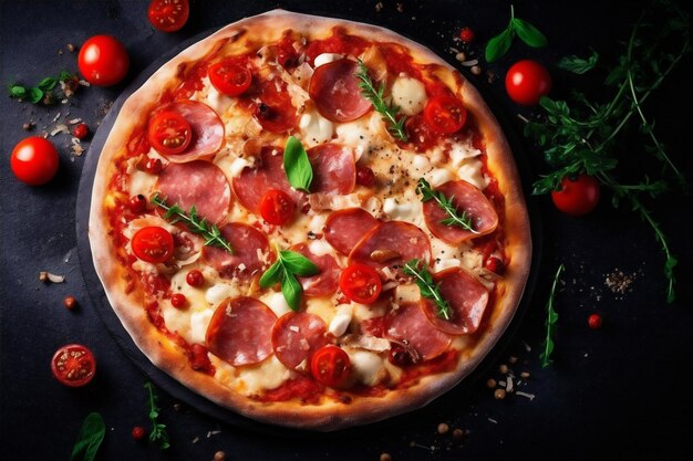 Szybka kopia pizzy, ser, przestrzeń, pomidor, obiad, czarne jedzenie, tło, posiłek włoski, sztuczna inteligencja generatywna