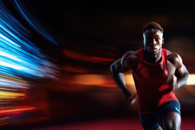 Zdjęcie szybki biegacz uchwycony z żywymi śladami światła ilustruje prędkość i sprawność