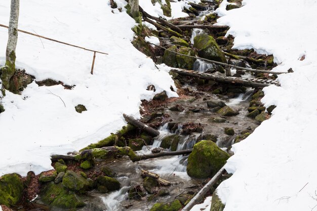 Szybki górski potok biegnący między dwoma zaśnieżonymi stokami.