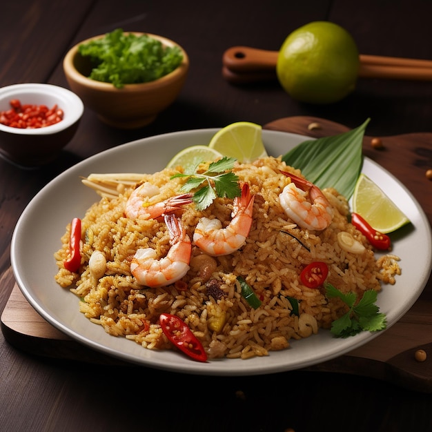 Szybki i zdrowy azjatycki posiłek ze smażonego ryżu, świeżych krewetek, limonki i warzyw w czarnej misce