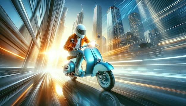 Szybki jeździec na skuterze w futurystycznym krajobrazie miejskim