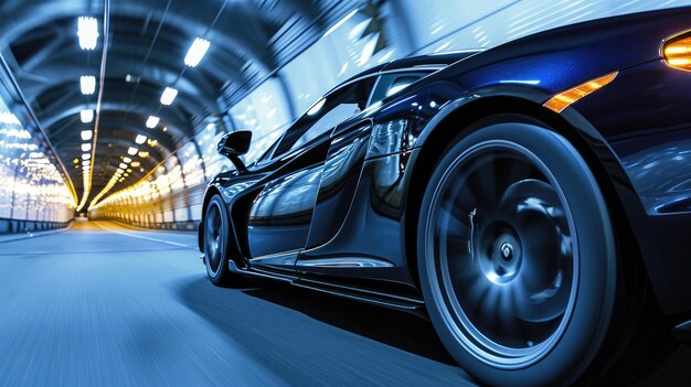 Szybki, luksusowy, drogi supersamochód na drogach nocnego miejskiego futurystycznego samochodu przyszłości filmującego w ruchu