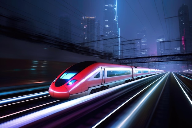 Szybki pociąg elektryczny porusza się z dużą prędkością po szynach w nocnym mieście cyberpunk