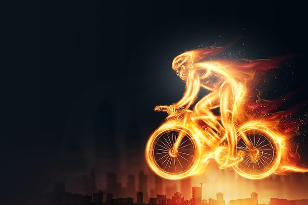 Szybki rowerzysta z płomieniami widok z boku jeździ bardzo szybko neon niebieski hologram Kolarstwo wyścig kolarstwo konkurencja 3D ilustracja 3D renderowanie kopia przestrzeń