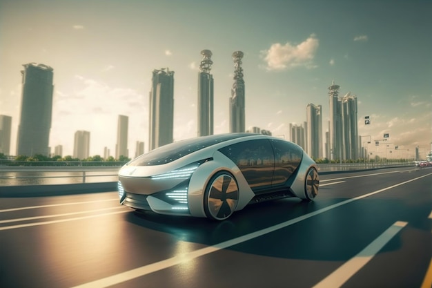 Szybki samochód elektryczny z futurystycznym autonomicznym oprogramowaniem czujnika do jazdy po drodze