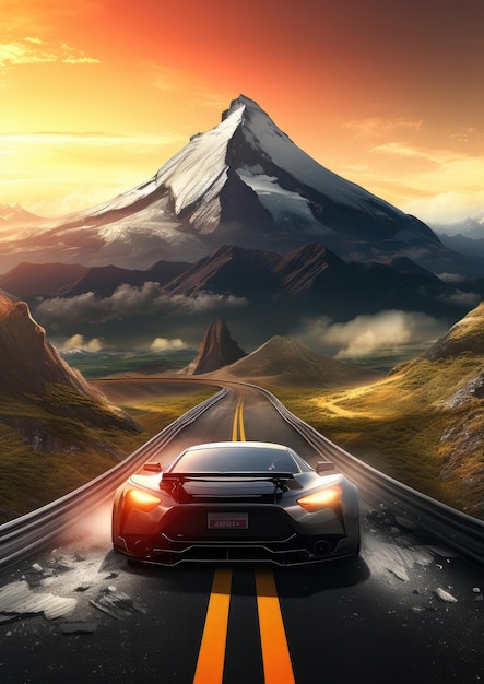 Szybki samochód sportowy na drodze z ukształtowanymi górami w tle koncepcja podróży za granicę