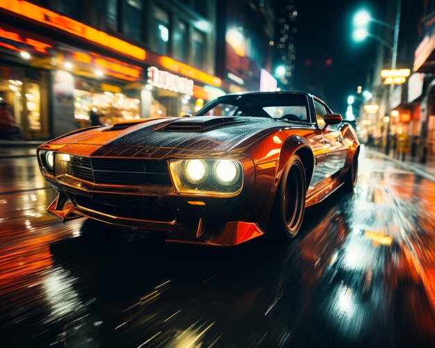 Szybki samochód sportowy przyspieszający na mokrej drodze w mieście w nocy z neonowymi światłami