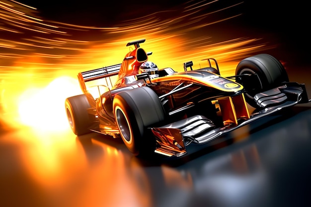 Zdjęcie szybki samochód wyścigowy i pilot w zawodach mistrzów formuły 1 z prędkością i płomieniem samochód motorsport