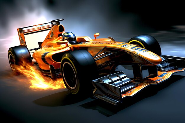 Zdjęcie szybki samochód wyścigowy i pilot w zawodach mistrzów formuły 1 z prędkością i płomieniem samochód motorsport