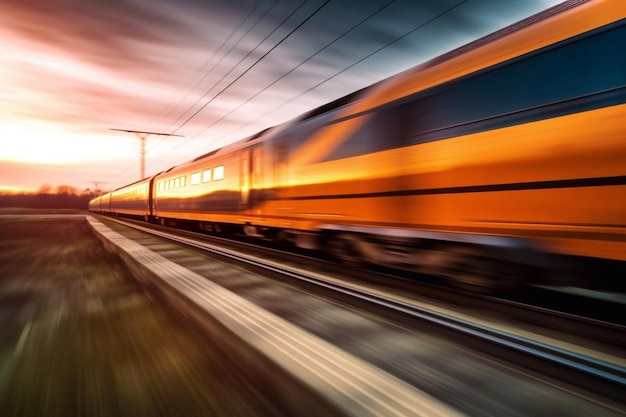 Szybki żółty pociąg w ruchu na stacji kolejowej o zachodzie słońca
