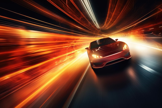 Szybkie samochody na drodze w tunelach i świecące światła Prędkość przez światło Futuristyczny sport nieistniejąca koncepcja Ai wygenerowana