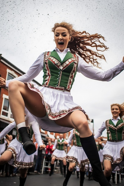 Szybkie ujęcie irlandzkich tancerzy w trakcie występu