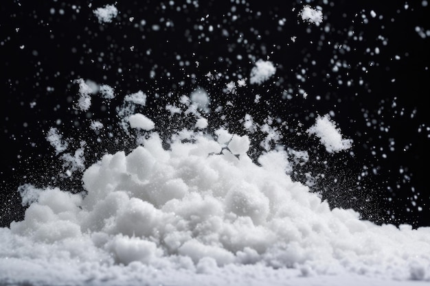 Szybkie zdjęcie spadających płatków śniegu na czarnym tle
