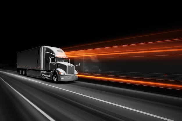 Szybko poruszająca się w pełni oświetlona ciężarówka na autostradzie z przyczepą spieszącą się do wykonywania swojej pracy dostarczania ładunku Imponujące światło nieba i drogi generatywne ai