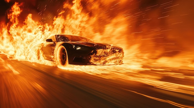 Zdjęcie szybko poruszający się samochód został pochłonięty płomieniami.