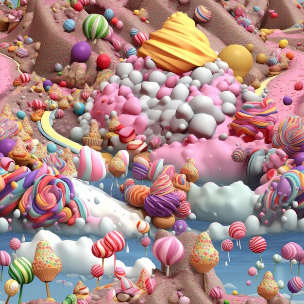 Zdjęcie szybko przedstawiony obraz ziemi cukierków z mnóstwem cukierków generatywnych ai