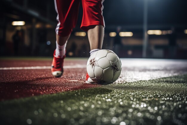 Szybkość Piłkarza Biega, Aby Kontrolować I Strzelać Piłkę Do Bramki Na Sztucznej Trawie