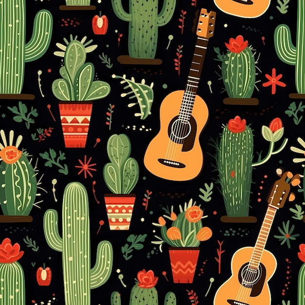 szyje kaktusów i gitary Płaska konstrukcja wzór
