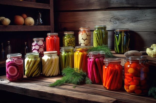 Szyjniki z piklowanymi kolorowymi warzywami na rusztycznym drewnianym stole stworzonym za pomocą generatywnego ai