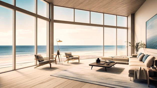 Szykowny obraz współczesnej letniej willi oferującej eleganckie i spokojne sanktuarium nad morzem
